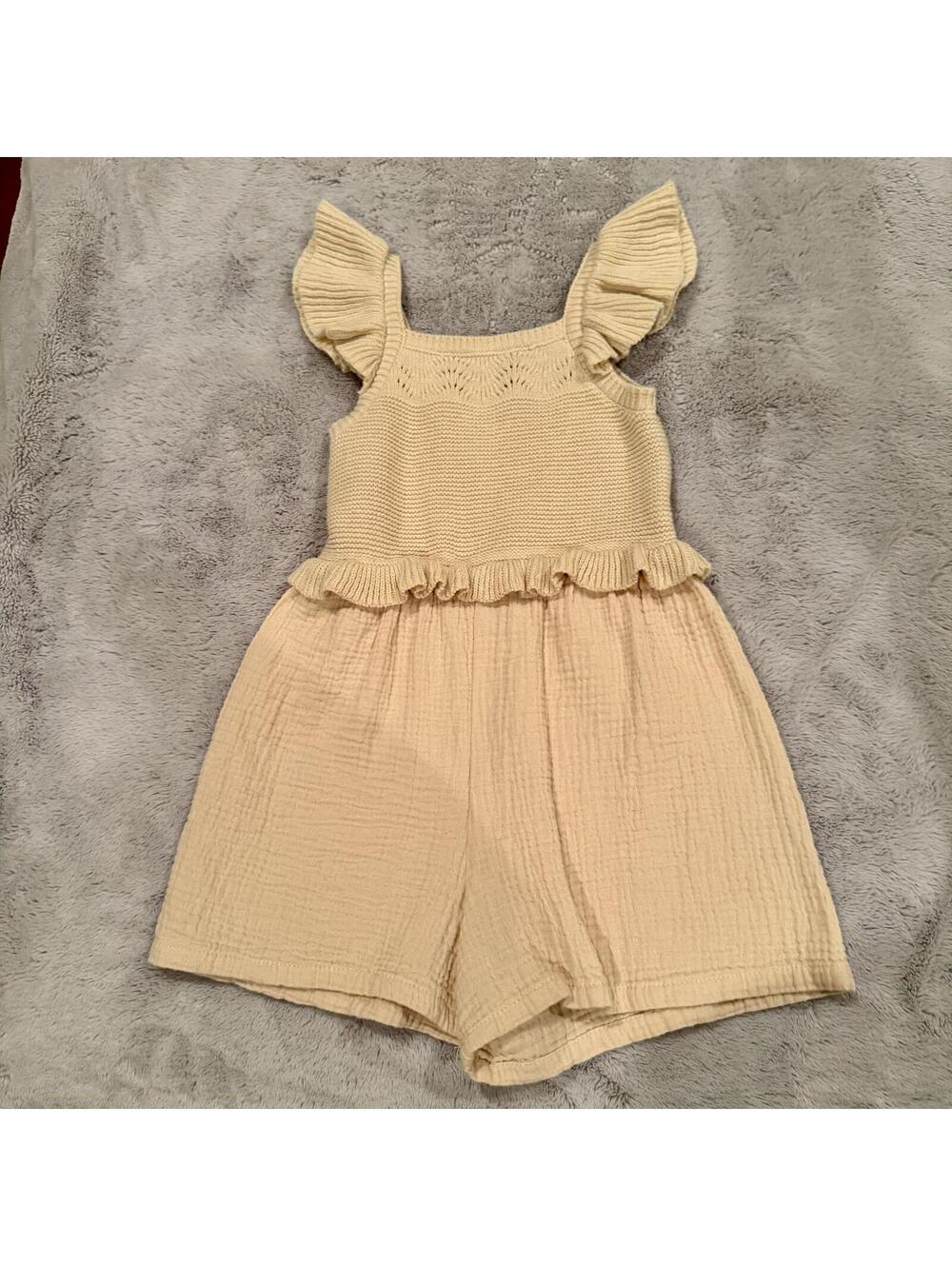Girls Cream Knit and Cotton Romper with Ruffle Sleeves